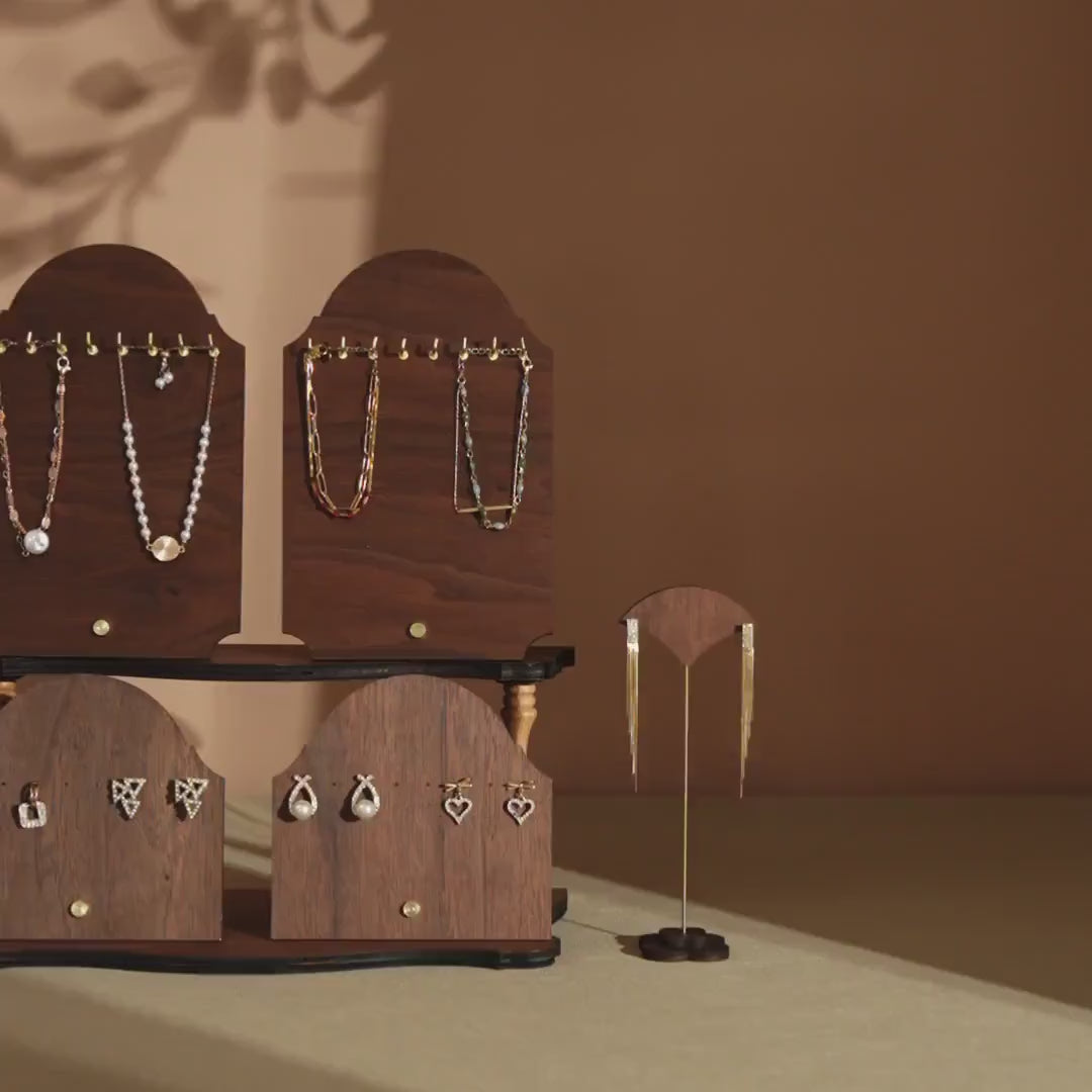 Walnut Veneer Jewelry Display Set: Boutique Earring Necklace Organizer