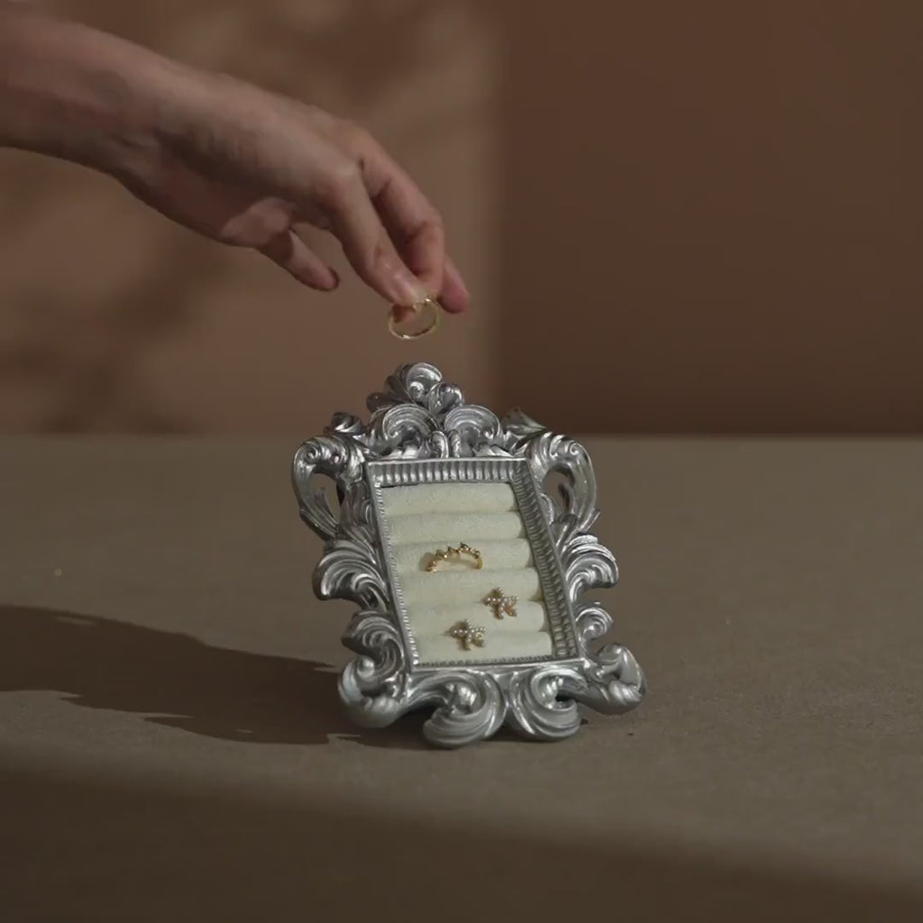 Rococo Silver Jewelry Display Frame: Suede Ring & Earring Holder