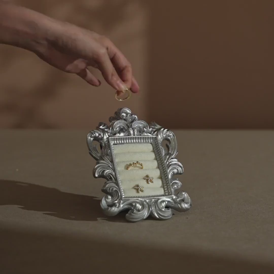 Rococo Silver Jewelry Display Frame: Suede Ring & Earring Holder