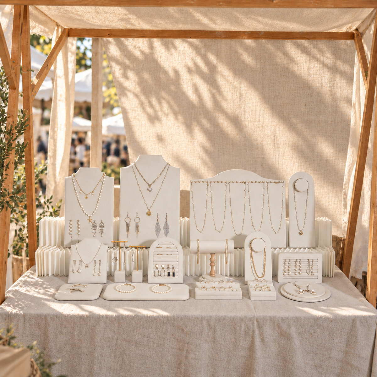 Beige Jewelry Display Set for Craft Fair Booth, Pavilion Necklace Bust, Ring Tray, Earring Stand, Market Table Props, Vegan Suede, Wood Core